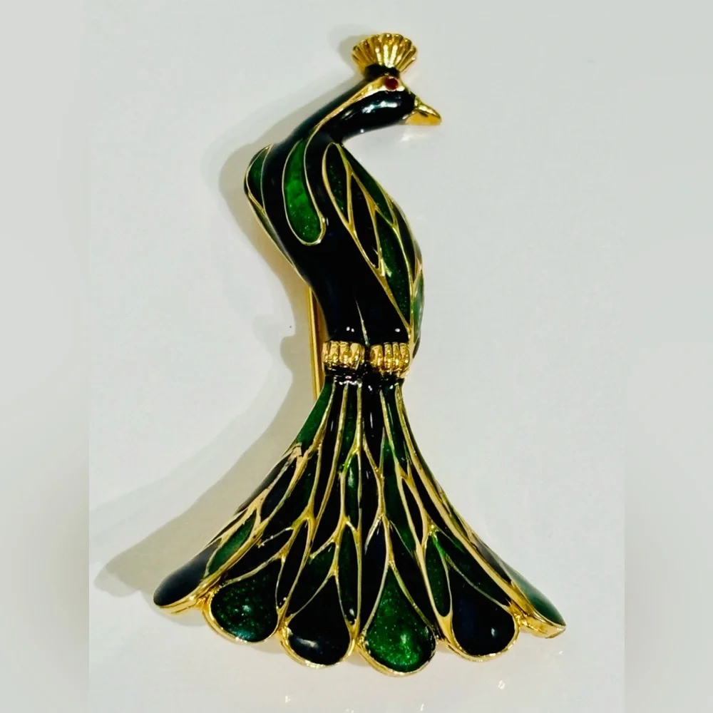 Vintage Rare D”Orlan Enamel Peacock Gold tone Brooch - Picture 5 of 10